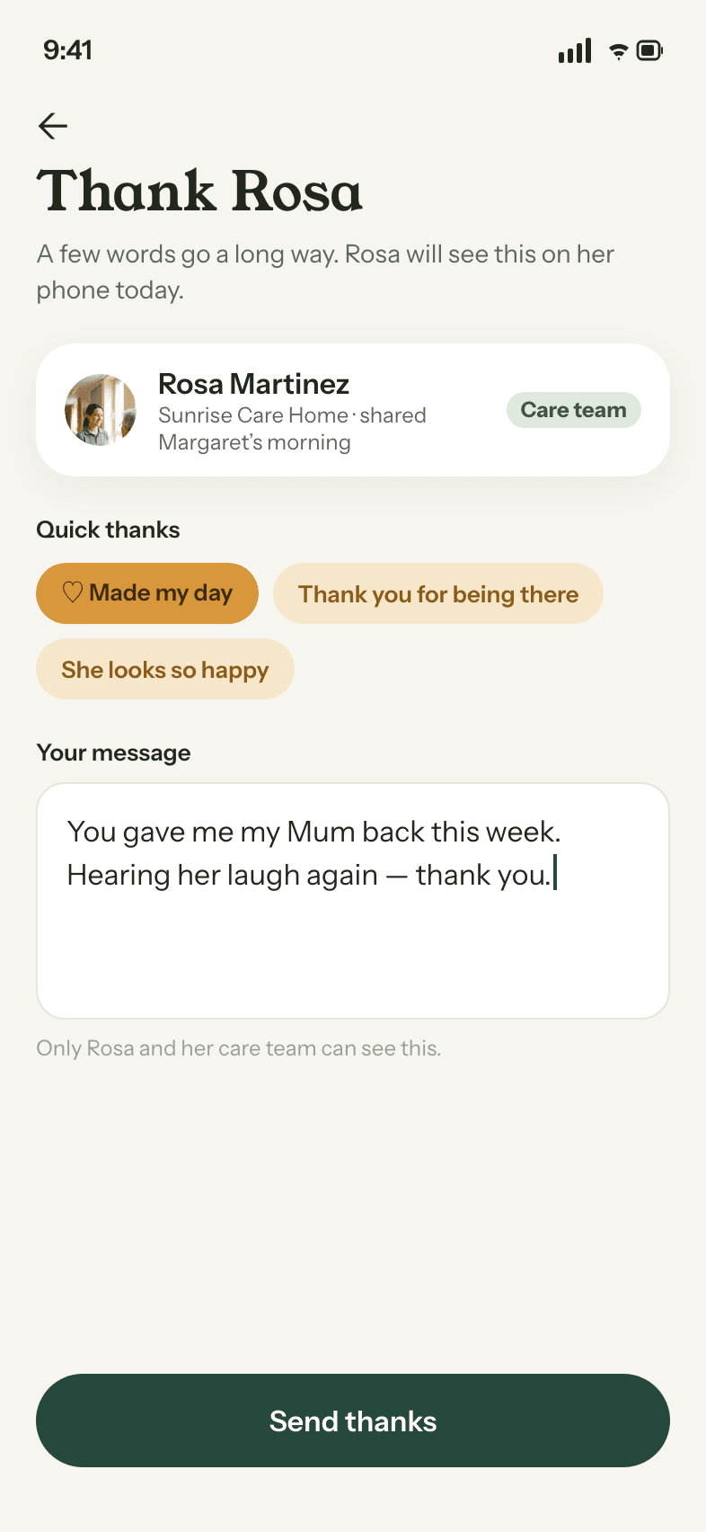 Family member sending gratitude through HearFrom